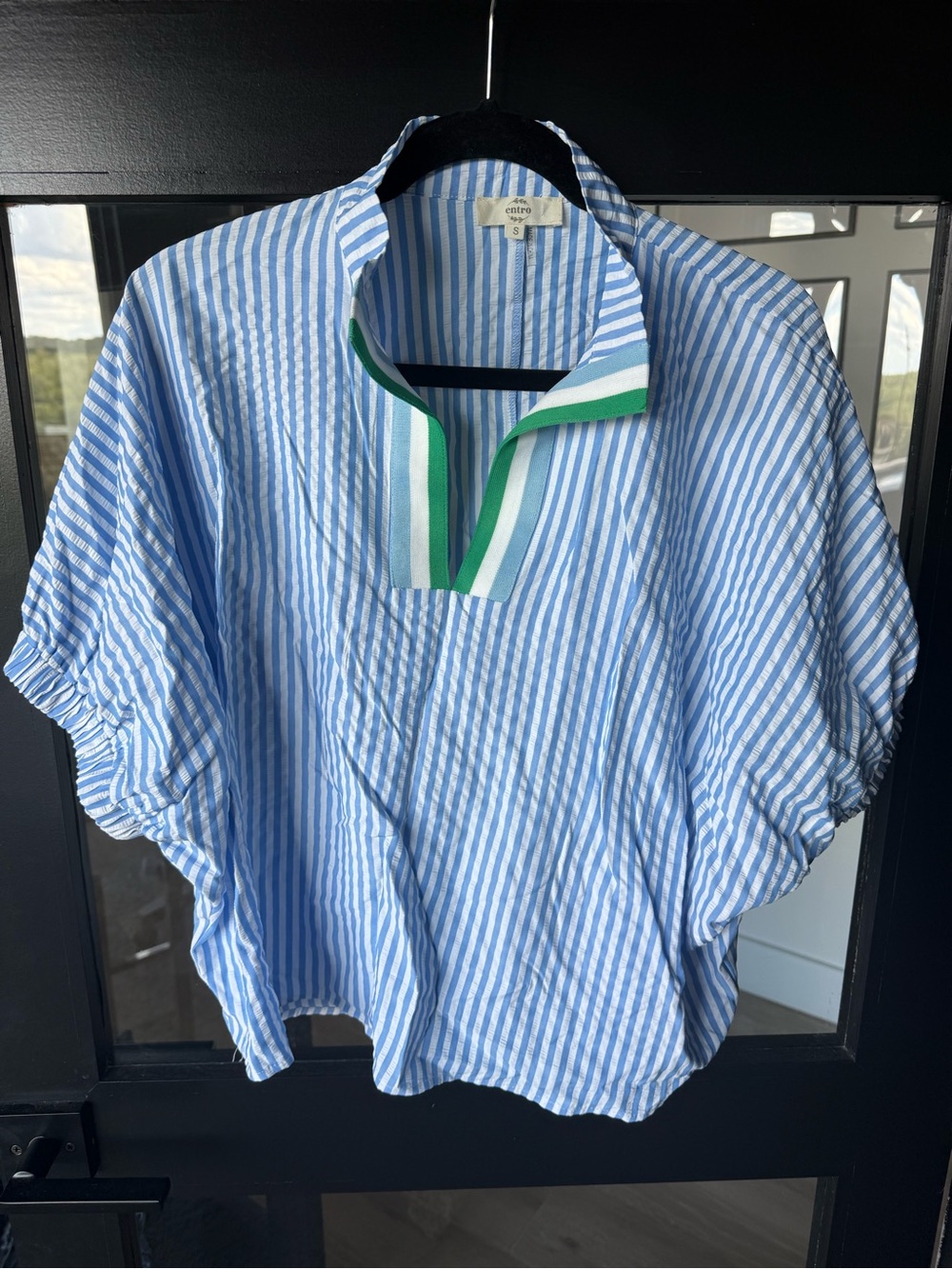 entro Blue and White Striped Button-Down Top with Green Trim - Picture 5 of 7